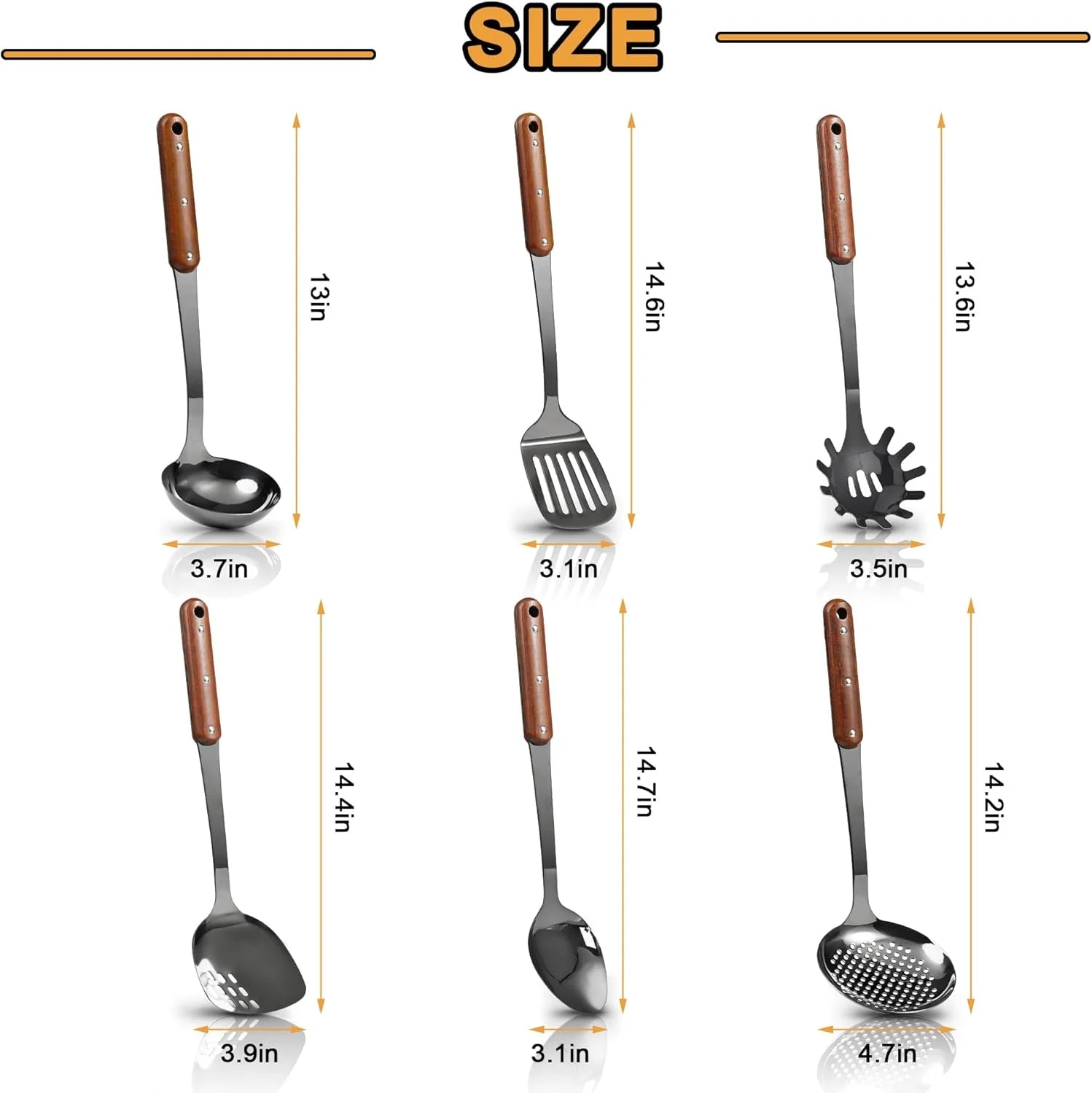 Stainless Steel Cooking Utensils Set Mirror Polished 6 Pieces Kitchen Utensils Set Kitchen Tools Set With Wooden Handle Non-Stick Heat Resistant,Dishwasher Suitable Easy to Clean – Convenient Carry Handles with Functional, Easy-Use Details