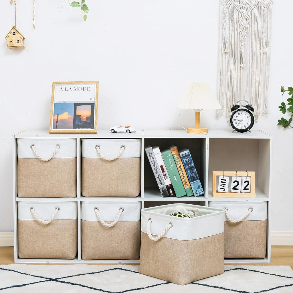 11 x 11 Inch Storage Cubes 6 Pack Large Collapsible Fabric Storage Bin White&Beige – Foldable Space-Saving Design with Functional, Easy-Use Details