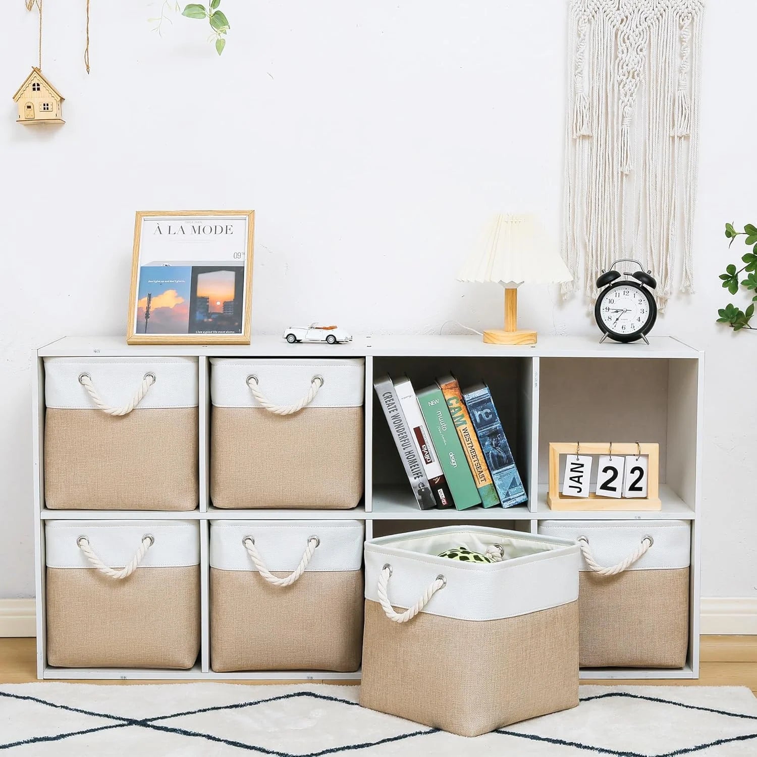 11 x 11 Inch Storage Cubes 6 Pack Large Collapsible Fabric Storage Bin White&Beige – Foldable Space-Saving Design with Functional, Easy-Use Details