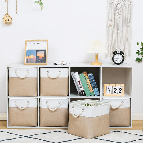 11 x 11 Inch Storage Cubes 6 Pack Large Collapsible Fabric Storage Bin White&Beige – Foldable Space-Saving Design with Functional, Easy-Use Details