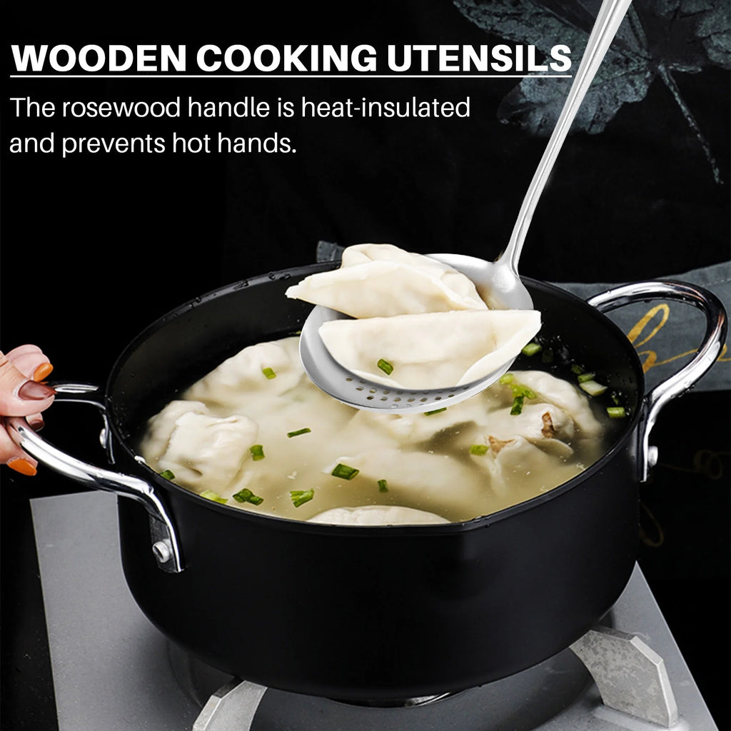 Long Handle Stainless Steel Wok Kitchen Slotted Turner Rice Spoon Ladle Cooking Tools Utensil Set – Convenient Carry Handles with Functional, Easy-Use Details