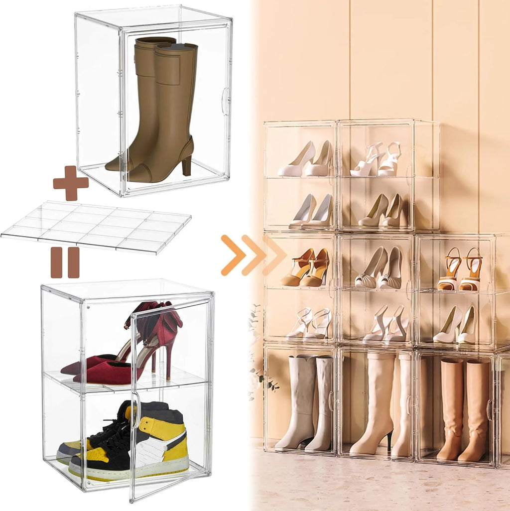 XXX-Large Clear Acrylic Display Case Boot Shoe Storage Boxes With An Adjustable Divider,2 Pack 2 Tiers Clear Plastic Stackable Storage Bins With Lids Big Display Acrylic Box With Magnetic – Multiroom Organization Format with Functional, Easy-Use Details