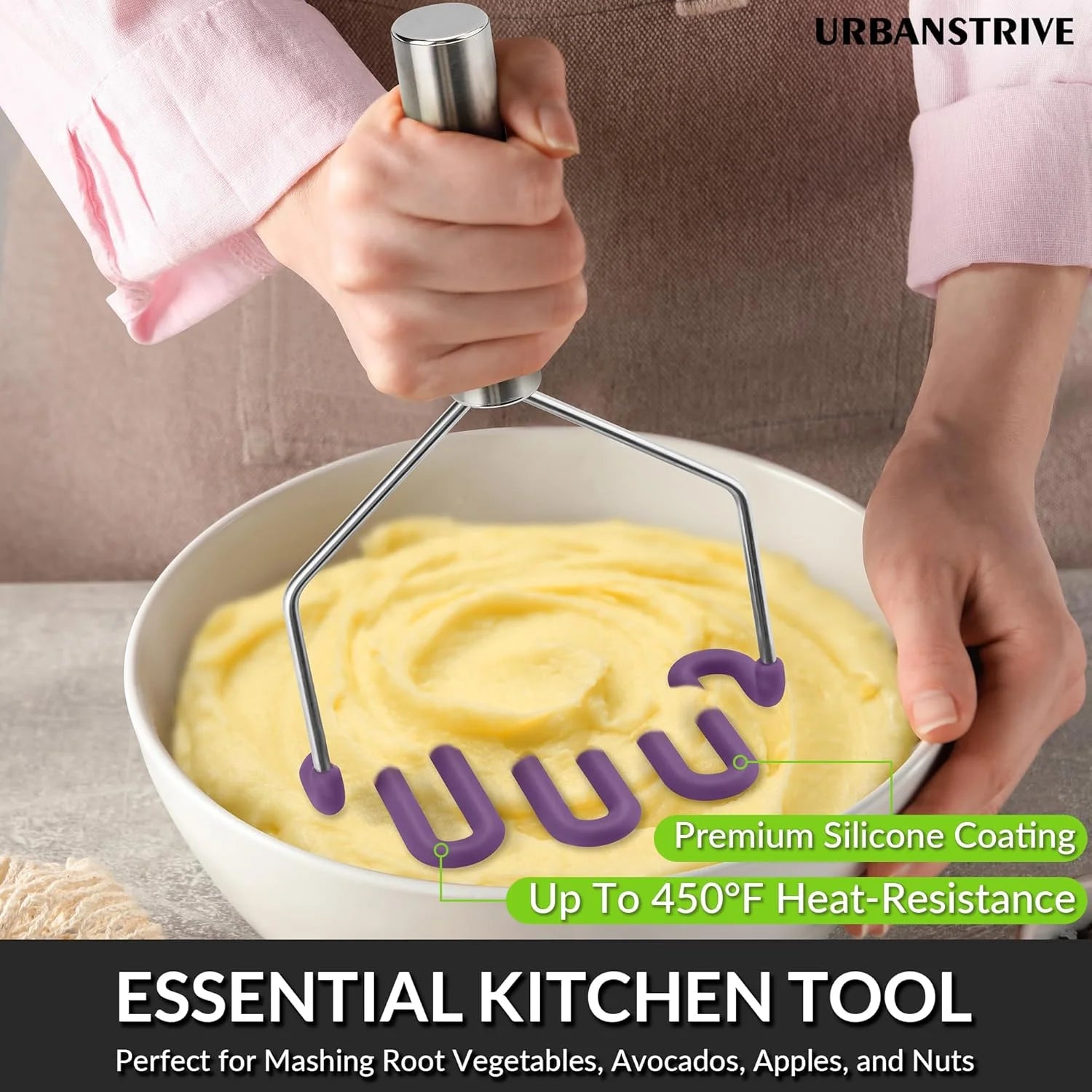 Scratch-resistant silicone potato mash maker kitchen tool stainless steel outer layer wrapped with durable silicone. – Durable Stainless Steel Construction with Functional, Easy-Use Details