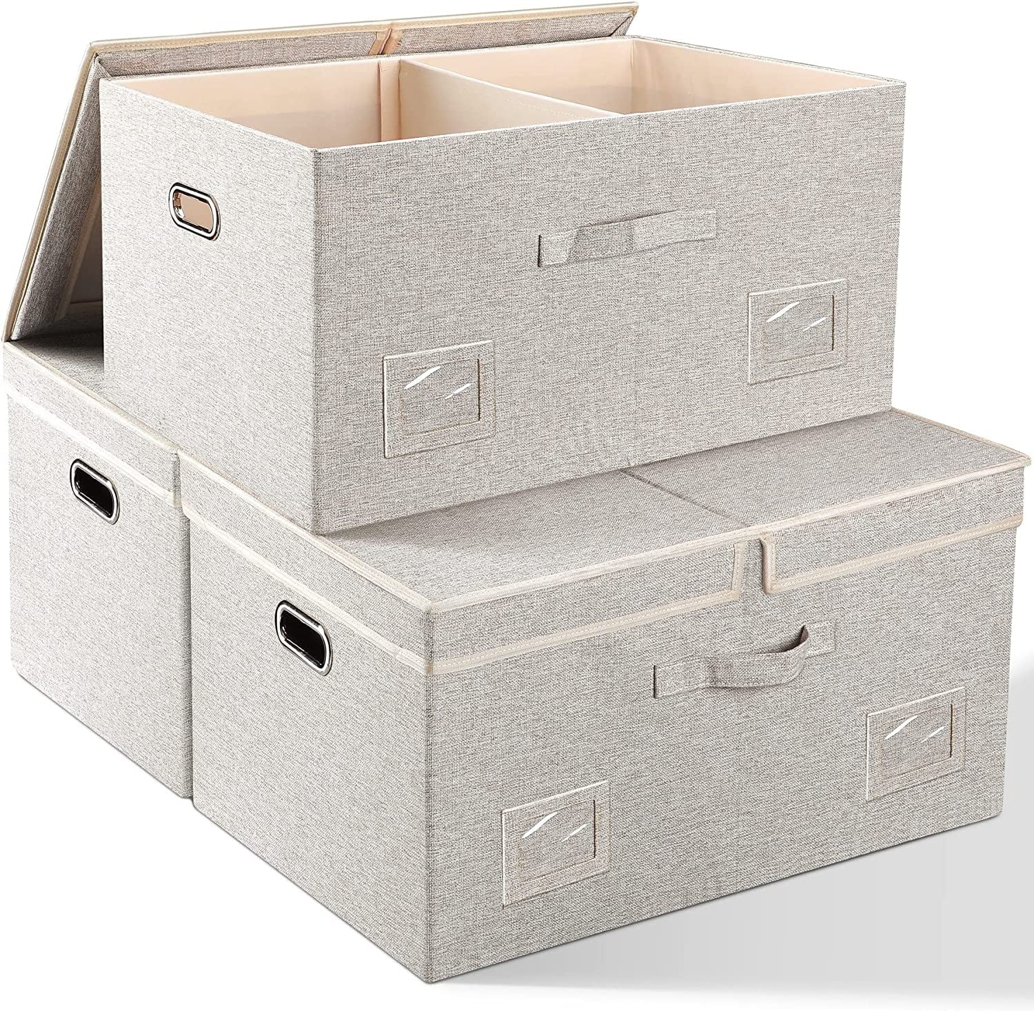 Large 17" 36 Quart Collapsible Stackable Storage Bins with Lids 3 Packs White Linen Fabric Closet Boxes with Lids Storage Cube Baskets Container Organizers for Bedroom Office(17 x12 x11) – Everyday Household Format with Functional, Easy-Use Details