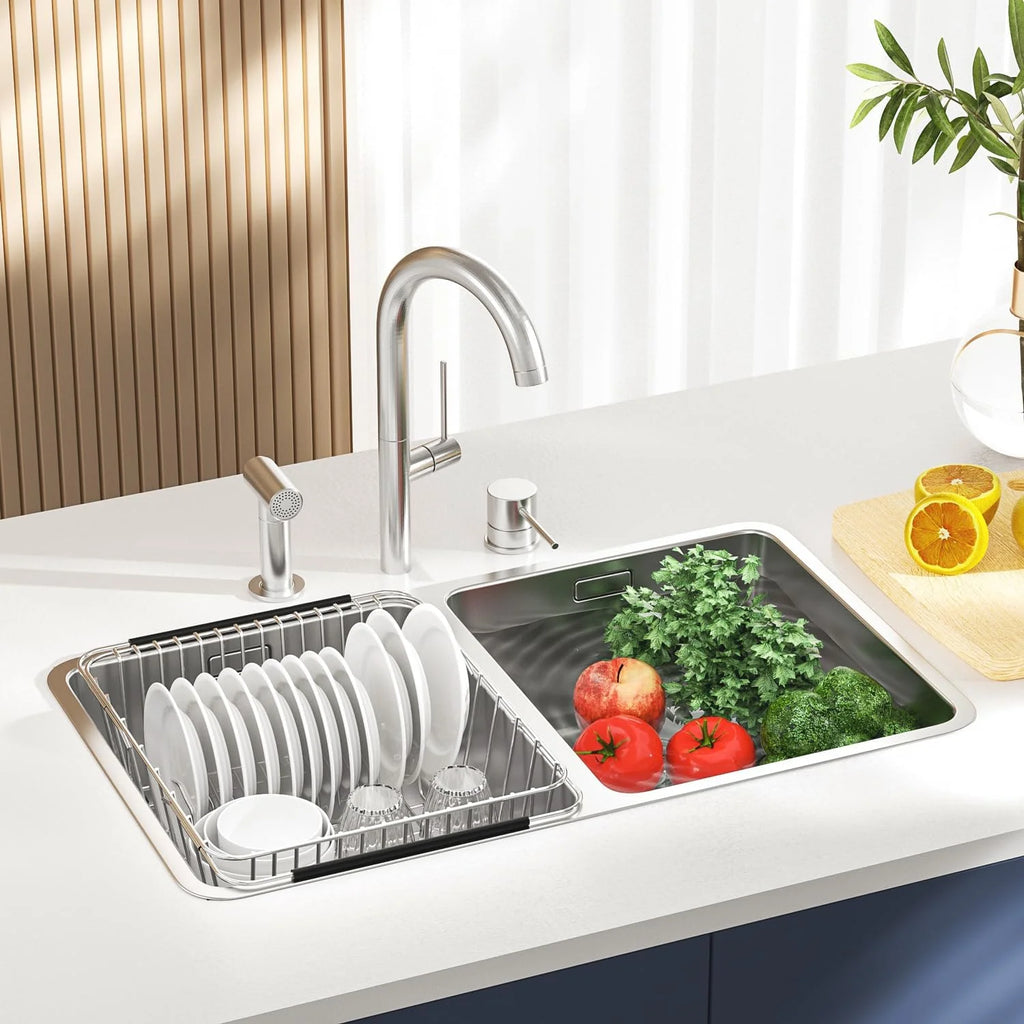 Dish Drying Rack in-Sink 304 Stainless Steel Dish Drainer with Stainless Steel Silverware Holder Over Inside Sink-Adjustable – Durable Stainless Steel Construction with Functional, Easy-Use Details