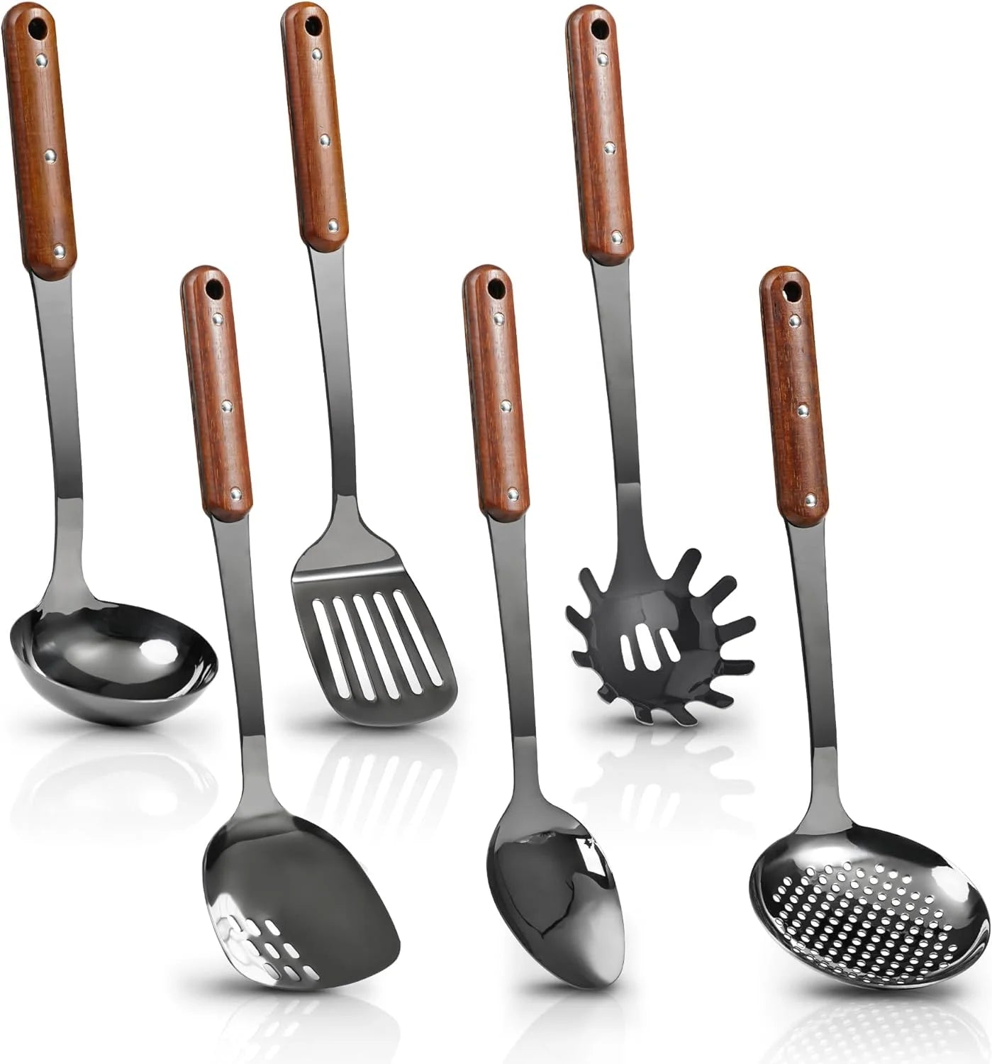 Stainless Steel Cooking Utensils Set Mirror Polished 6 Pieces Kitchen Utensils Set Kitchen Tools Set With Wooden Handle Non-Stick Heat Resistant,Dishwasher Suitable Easy to Clean – Convenient Carry Handles with Functional, Easy-Use Details