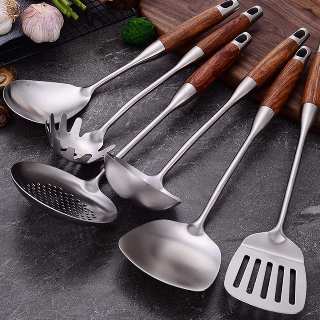 Cooking Utensils Set,7pcs 304 Stainless Steel Kitchen Utensils Set with Holder,Heat Resistant Wooden Handle Kitchen Tools – Convenient Carry Handles with Functional, Easy-Use Details