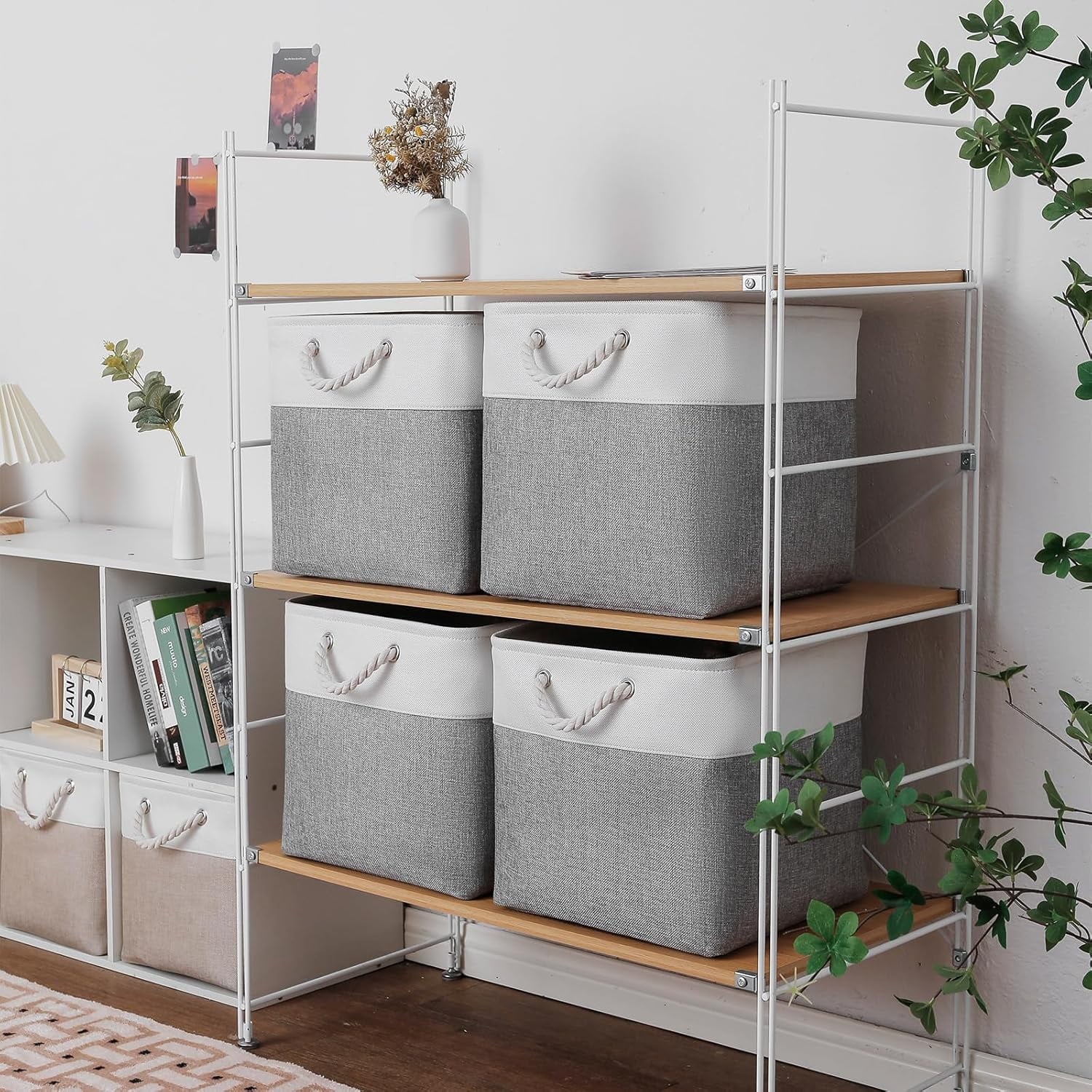 13 x 13 Inch Cube Storage Bins 6 Pack Extra Large Collapsible Fabric Storage Bin with Ropes Foldable Storage Cubes for Home (White & Beige-13"x13"x13") – Foldable Space-Saving Design with Functional, Easy-Use Details