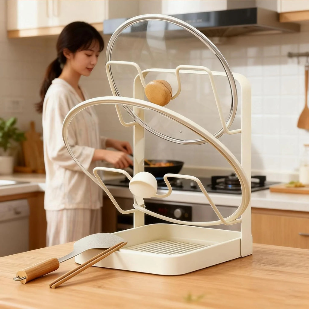 Kitchen Pot Lid Storage Rack 304 Stainless Steel Pot Lid Holder While Cooking Multifunctional Kitchen Pot Cover Organizer for Countertop With Removable Drip Tray – Durable Stainless Steel Construction with Functional, Easy-Use Details