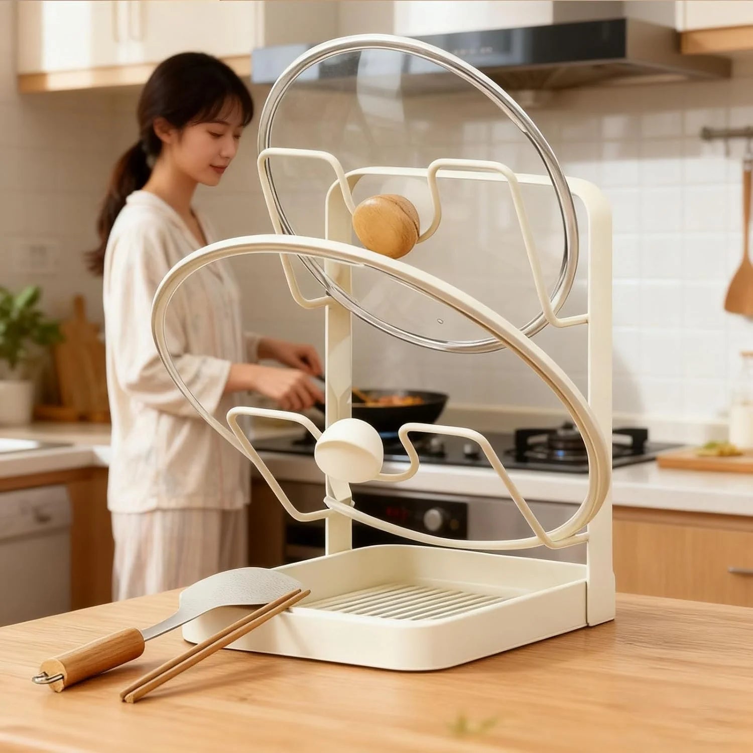 Kitchen Pot Lid Storage Rack 304 Stainless Steel Pot Lid Holder While Cooking Multifunctional Kitchen Pot Cover Organizer for Countertop With Removable Drip Tray – Durable Stainless Steel Construction with Functional, Easy-Use Details