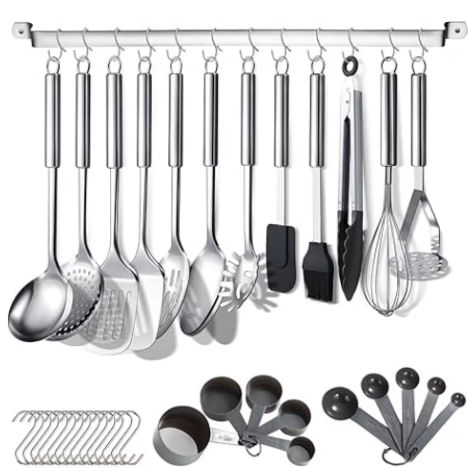 Kitchen Utensils Set 38 Pieces Stainless Steel Cooking Utensils Set Kitchen Gadgets Cookware Kitchen Tool Set with Utensil Holder Rack And Hooks For Hanging Dishwasher Suitable – Space-Saving Hanging Design with Functional, Easy-Use Details