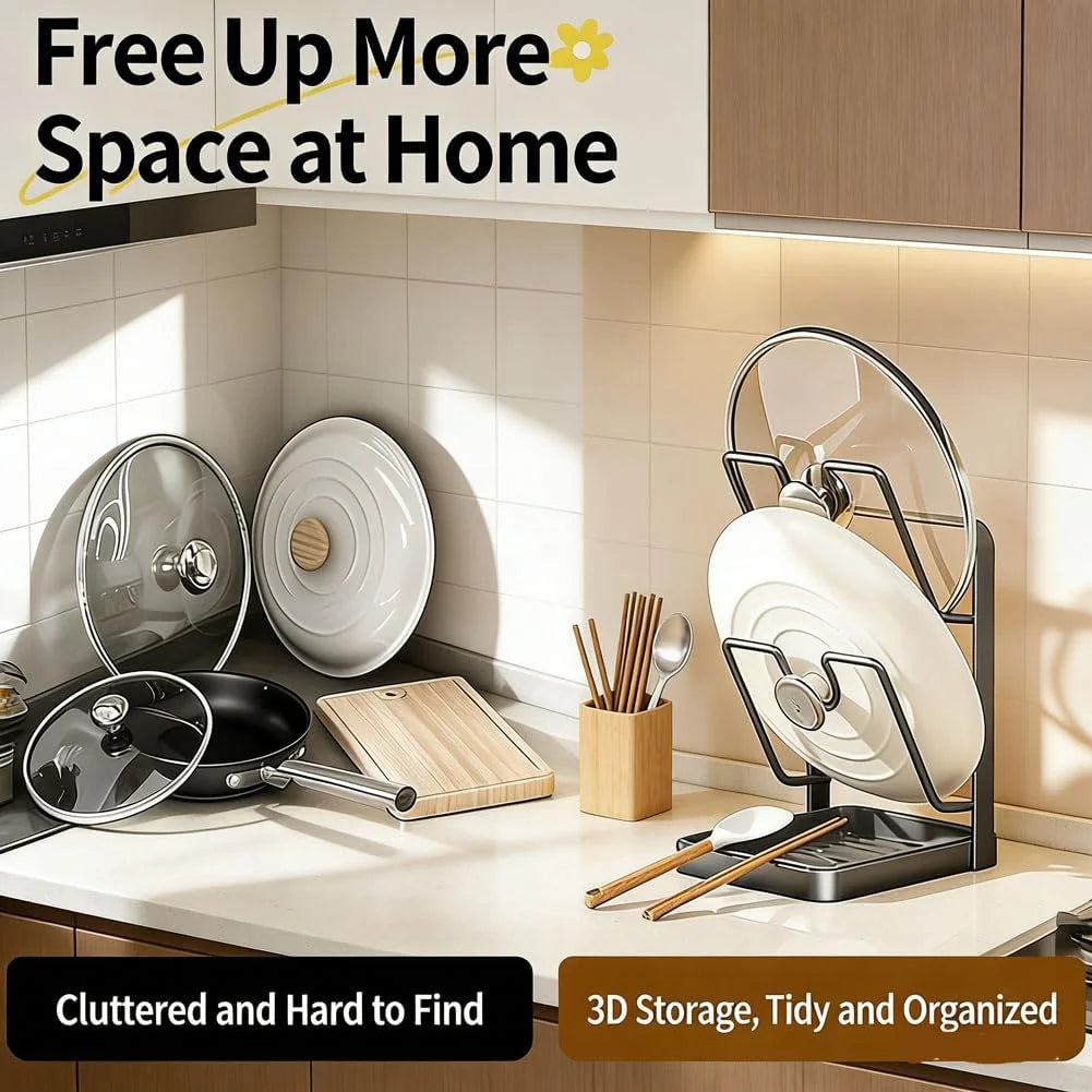 Kitchen Pot Lid Storage Rack Stainless Steel Pot Lid Holder While Cooking & Spoon Rest Multifunctional Pot Lid Organizer with Removable Drip Tray for Countertop Space-Saving Lid Rack – Durable Stainless Steel Construction with Functional, Easy-Use Details