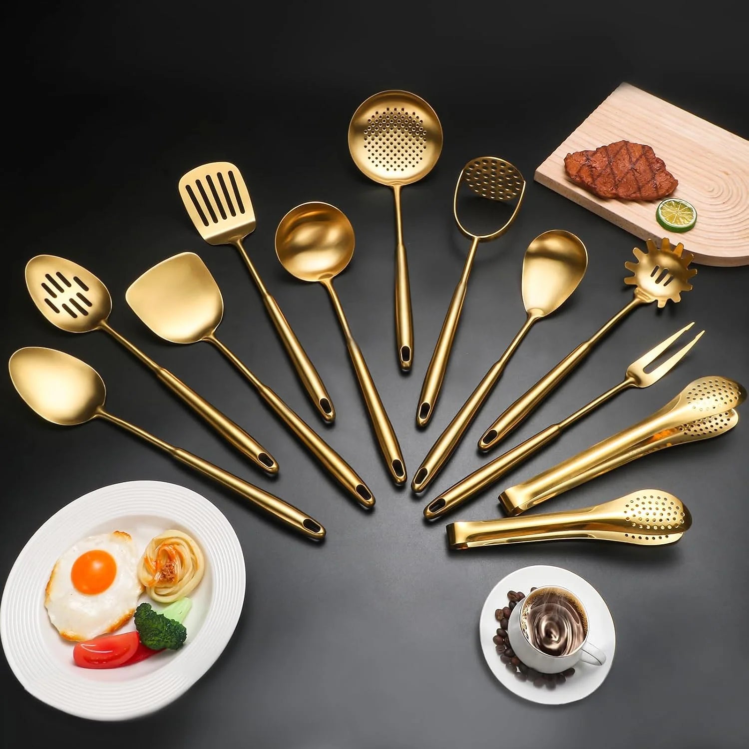 304 Stainlss Steel Kitchen Utensils Set 12 Pcs Long Metal Cooking Utensil Gadgets Tools Set with Spatula Ladle Spoon Ladle Skimmer Tunner Pasta Server Tongs(Silver Dishwasher Suitable) – Convenient Multi-Piece Set with Functional, Easy-Use Details