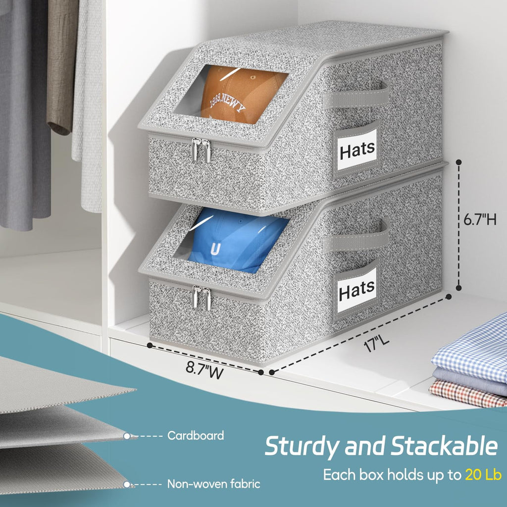 2 Pcs Stackable Hat Storage for Baseball Caps Holds up to 24 Caps Hat Organizer for Closet Sturdy Snapback Boxes for Men with Cardboard Grey – Stackable Organization with Functional, Easy-Use Details