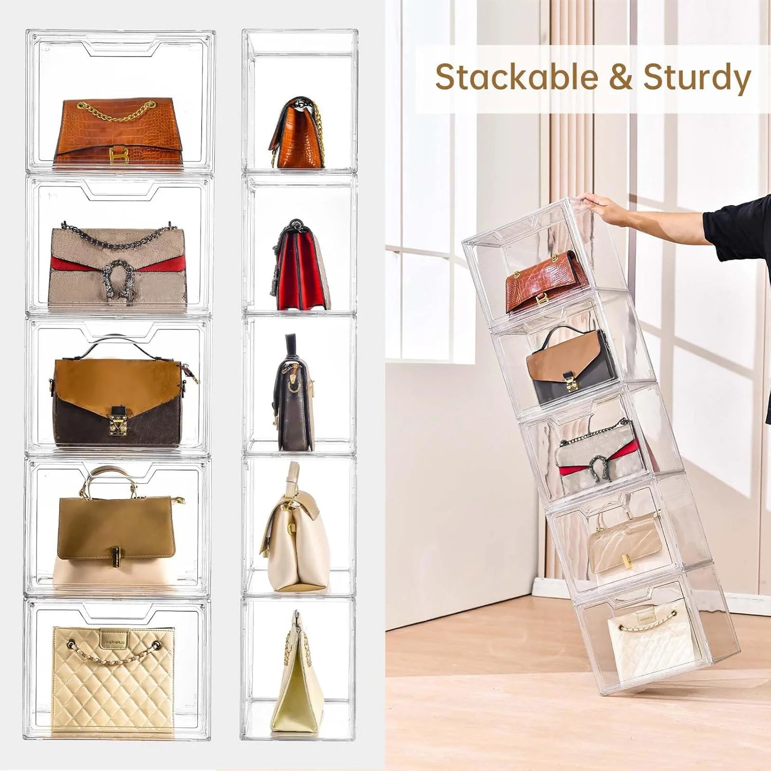 3 Pack Clear Storage Bins with Lids Storage Containers with Magnetic Door Stackable Acrylic Display Case for Handbags Cosmetic Multifunctional Storage Boxes for Dorm Living Room Bedroom Storage – Stackable Organization with Functional, Easy-Use Details