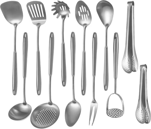 304 Stainless Steel Cooking Utensils,6 Pcs Kitchen Cooking Utensils Set with Spatula Solid Spoon Ladle Skimmer Spaghetti Spoon,Dishwasher Suitable(Black) – Durable Stainless Steel Construction with Functional, Easy-Use Details
