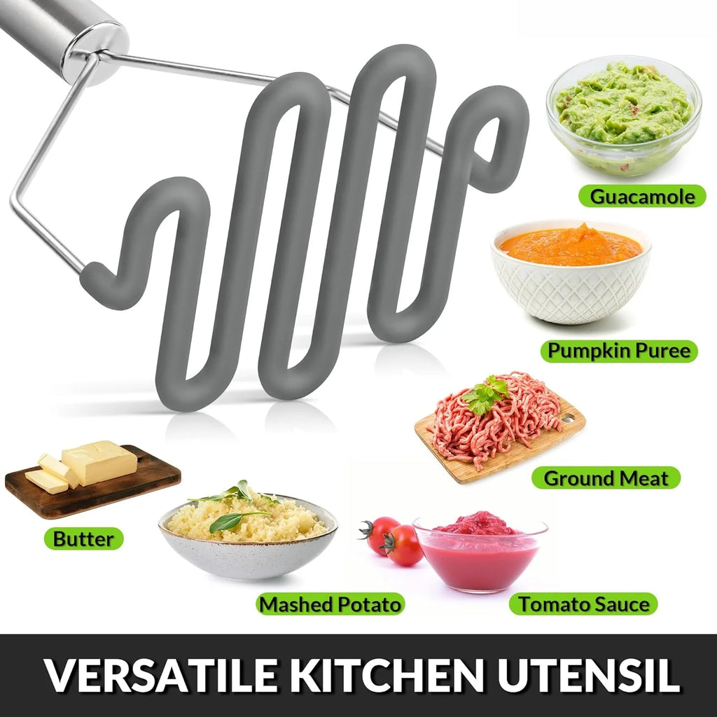 Scratch-resistant silicone potato masher kitchen tool potato masher stainless steel wrapped durable silicone potato smasher gray – Durable Stainless Steel Construction with Functional, Easy-Use Details