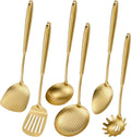 304 Stainless Steel Cooking Utensils,6 Pcs Kitchen Cooking Utensils Set with Spatula Solid Spoon Ladle Skimmer Spaghetti Spoon,Dishwasher Suitable(Gold) – Durable Stainless Steel Construction with Functional, Easy-Use Details