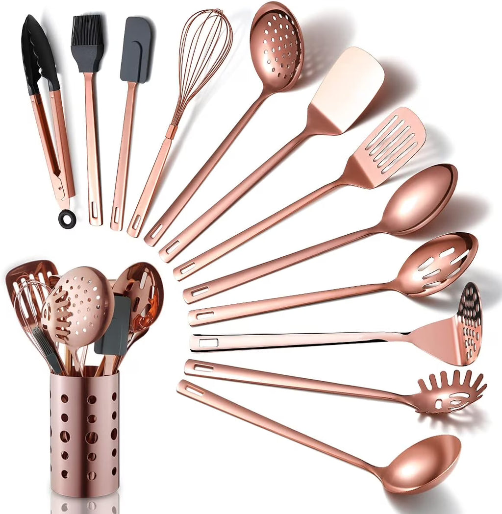 Copper Kitchen Utensils Set,13 Pieces Stainless Steel Cooking Utensils Set with – Durable Stainless Steel Construction with Functional, Easy-Use Details
