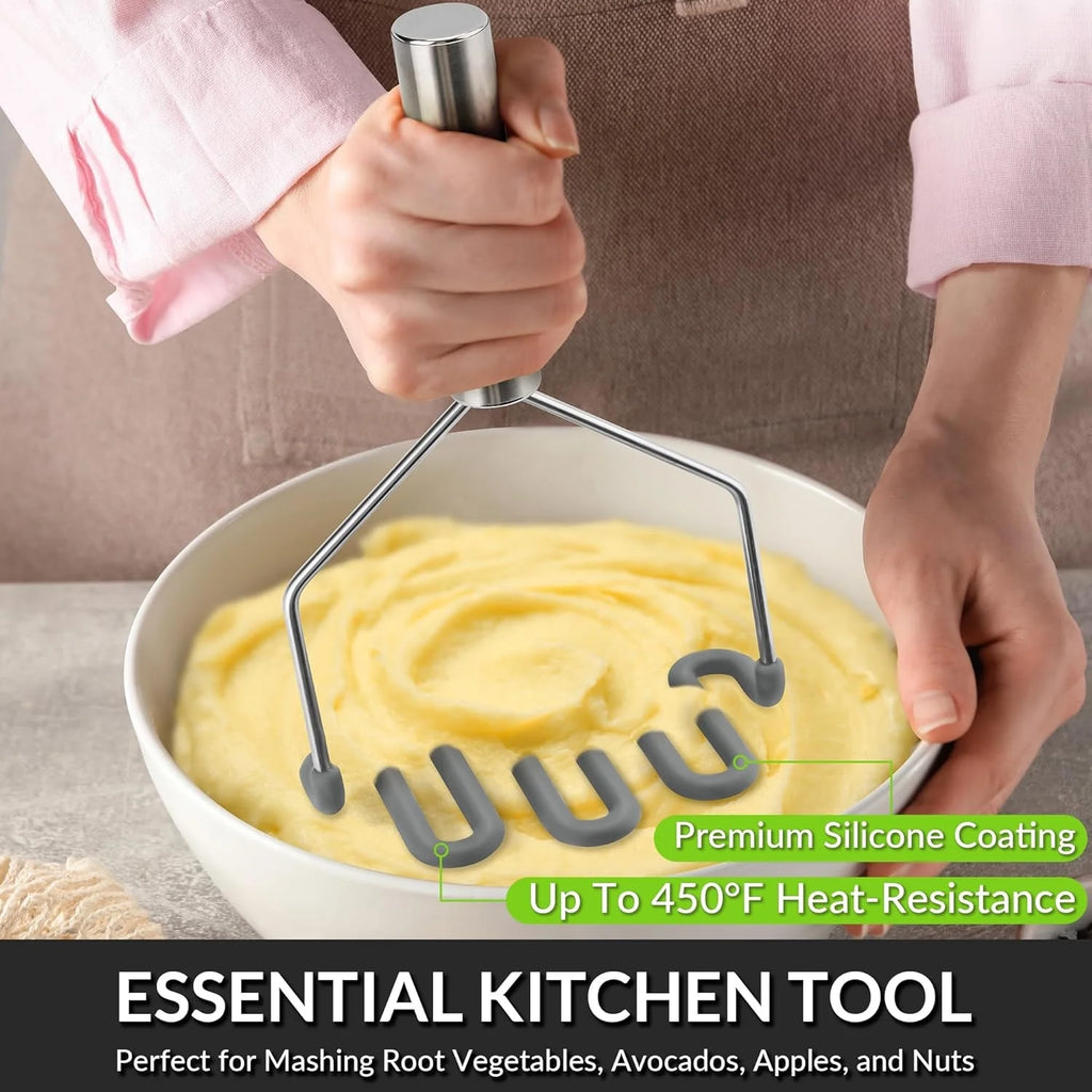 Scratch-resistant silicone potato masher kitchen tool potato masher stainless steel wrapped durable silicone potato smasher gray – Durable Stainless Steel Construction with Functional, Easy-Use Details