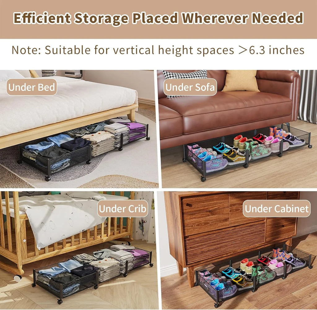 47.2'' Long Under Bed Storage on Wheels 57.6L Large Capacity Rolling Under the Bed Storage Containers Tool-Free Assembly Foldable Underbed Shoes Clothes Toy Drawers – Multiroom Organization Format with Functional, Easy-Use Details