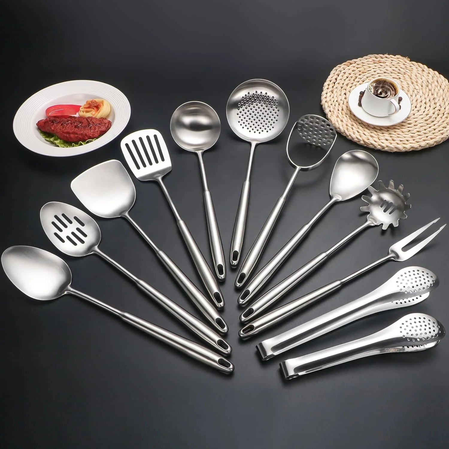 304 Stainless Steel Cooking Utensils,6 Pcs Kitchen Cooking Utensils Set with Spatula Solid Spoon Ladle Skimmer Spaghetti Spoon,Dishwasher Suitable – Durable Stainless Steel Construction with Functional, Easy-Use Details