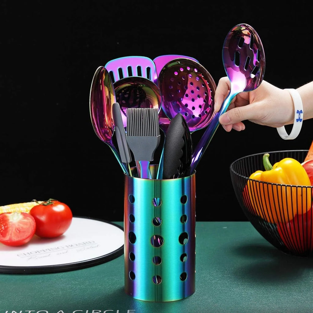 Rainbow Kitchen Utensil Set 13-Piece Stainless Steel Cookware Set Titanium Rainbow Plating Kitchen Tool Set with Cutlery Holder Suitable for Non-stick Cookware Dishwasher Suitable – Durable Stainless Steel Construction with Functional, Easy-Use Details