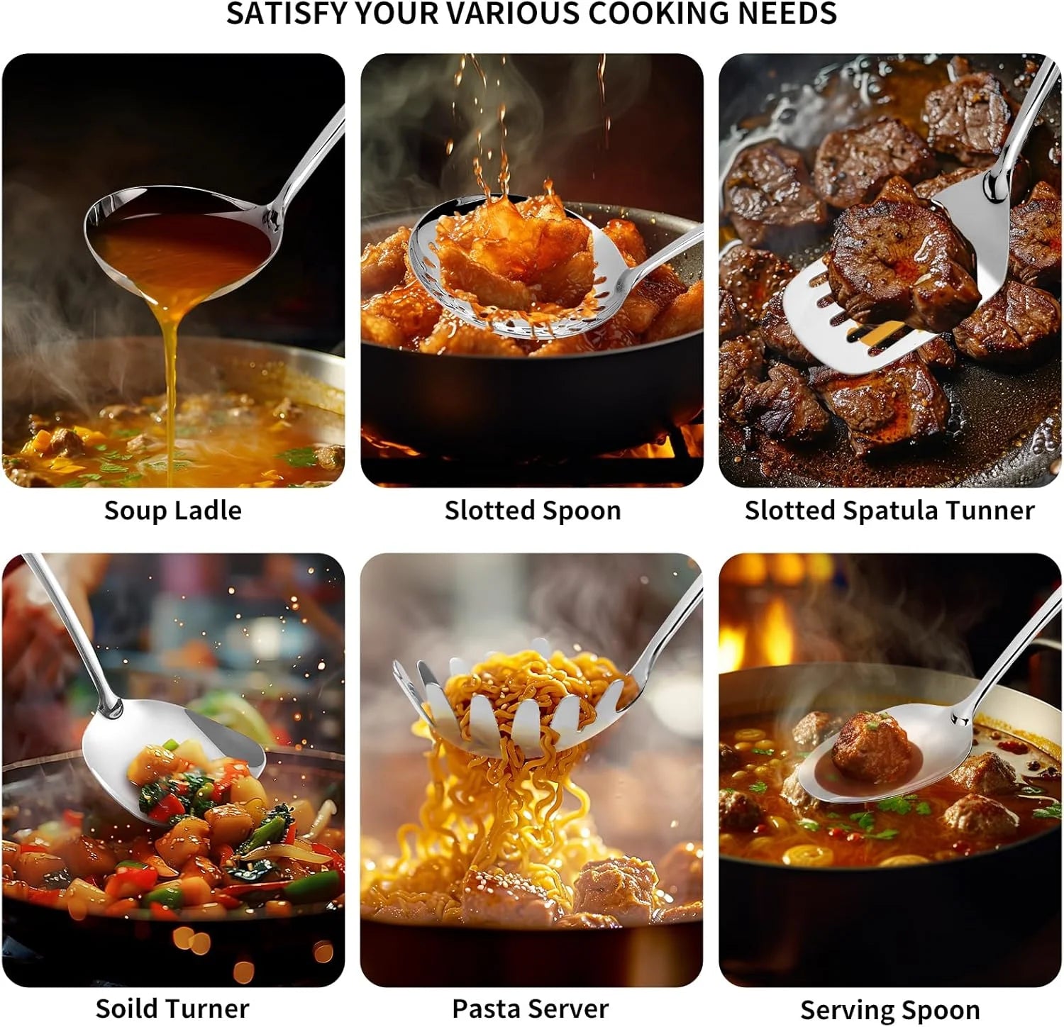 304 Stainless Steel Cooking Utensils Set,6 Pcs Long Metal Kitchen Utensils Set with Spatula Solid Spoon Ladle Skimmer Spaghetti Spoon,Dishwasher Suitable – Durable Stainless Steel Construction with Functional, Easy-Use Details