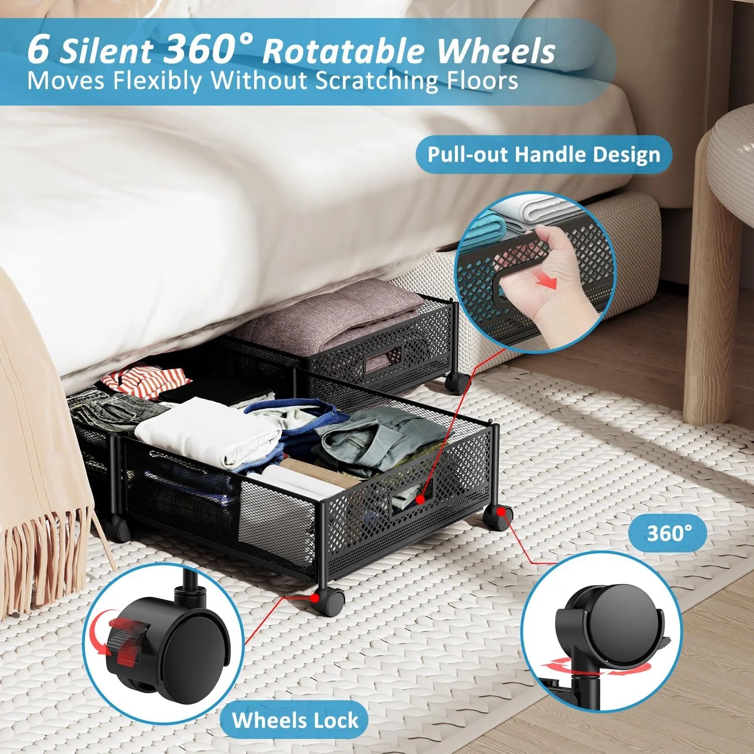 47.2'' Long Under Bed Storage on Wheels 57.6L Large Capacity Rolling Under the Bed Storage Containers Tool-Free Assembly Foldable Underbed Shoes Clothes Toy Drawers – Everyday Household Format with Functional, Easy-Use Details