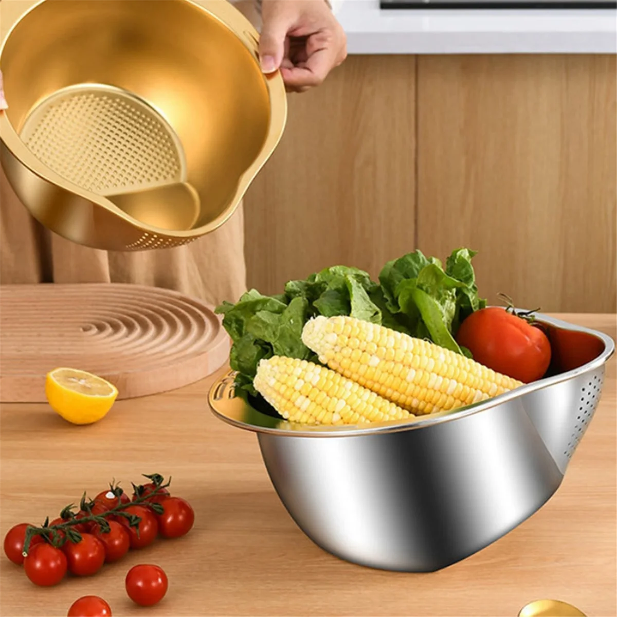 Rice Washer Strainer Bowl Stainless Steel Washing Colander Fruit and Vegetable Kitchen Tool A – Durable Stainless Steel Construction with Functional, Easy-Use Details
