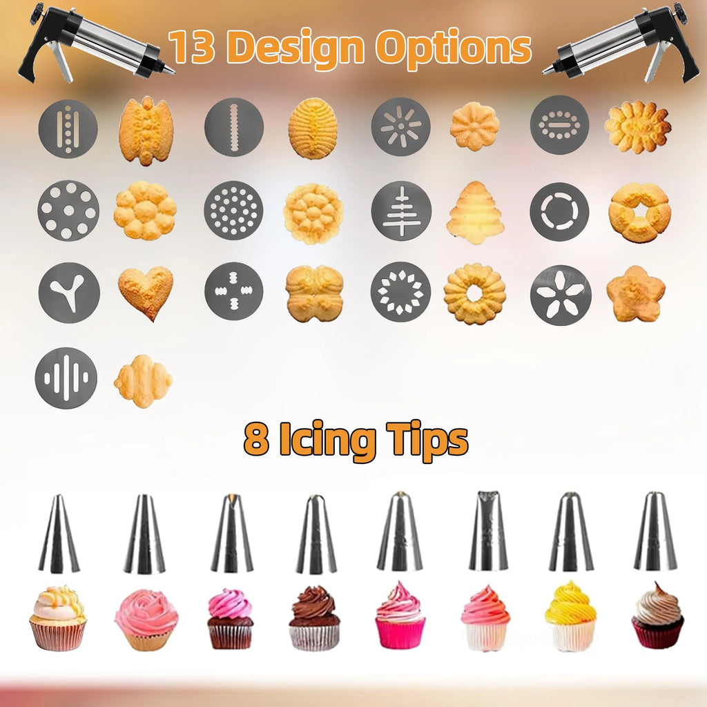 Stainless Steel Cookies Press Cookies Press for Baking,Cookie Press Gun Kit with 13 Cookie Discs and 8 Piping Tips for DIY cake Maker Decorating Baking Supplies – Durable Stainless Steel Construction with Functional, Easy-Use Details