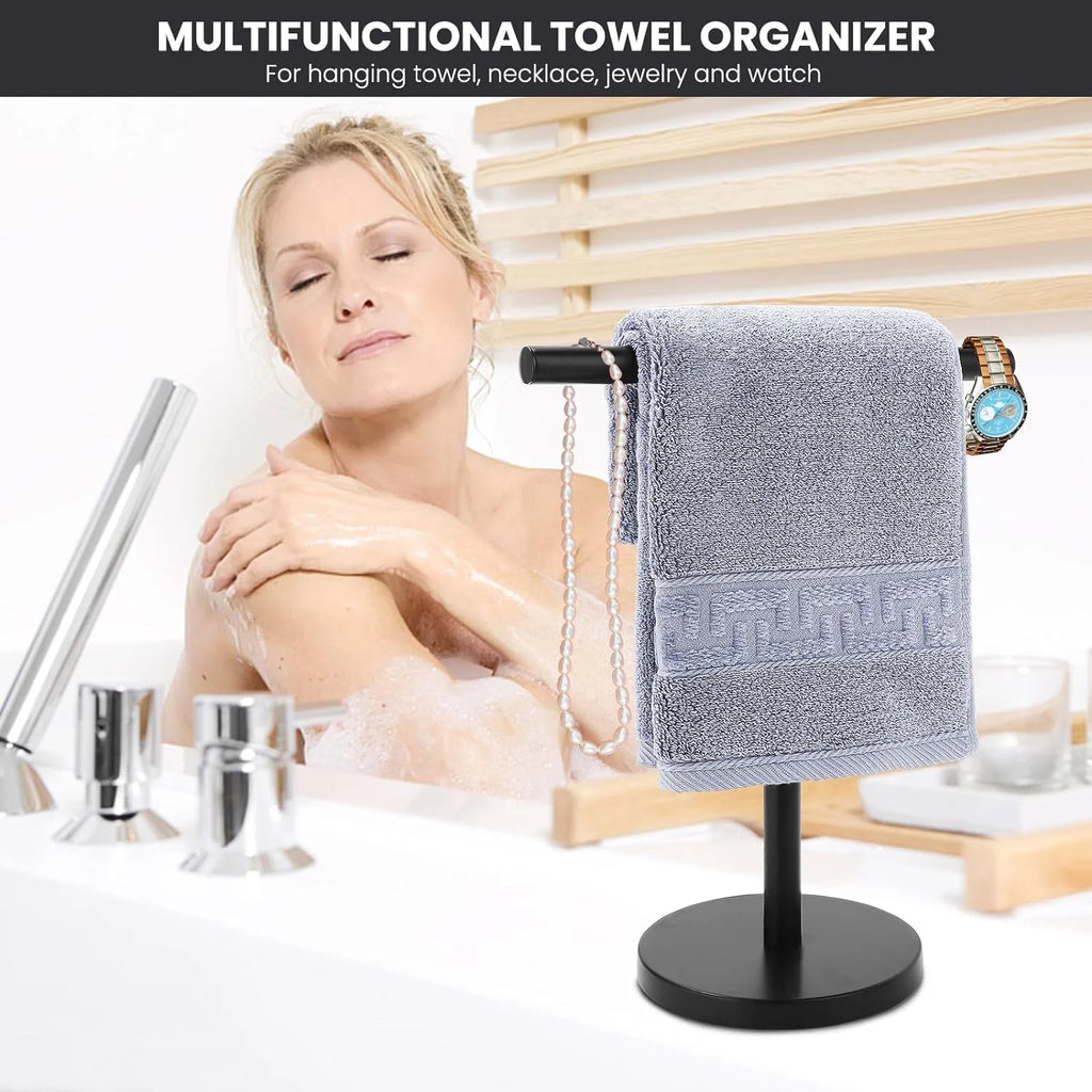 T-Shape Bath Hand Towel Holder Stand Stainless Steel Free Standing Hand Towel Rack with Heavy Base for Bathroom Kitchen & Countertop Matte Black – Durable Stainless Steel Construction with Functional, Easy-Use Details