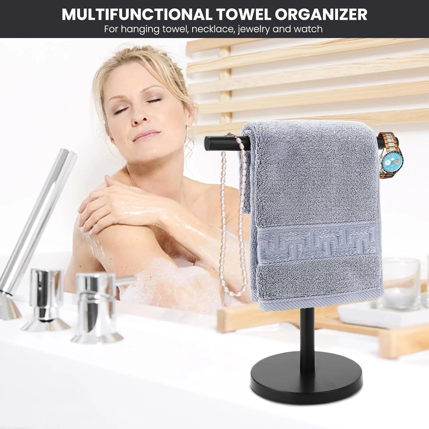 T-Shape Bath Hand Towel Holder Stand Stainless Steel Free Standing Hand Towel Rack with Heavy Base for Bathroom Kitchen & Countertop Matte Black – Durable Stainless Steel Construction with Functional, Easy-Use Details