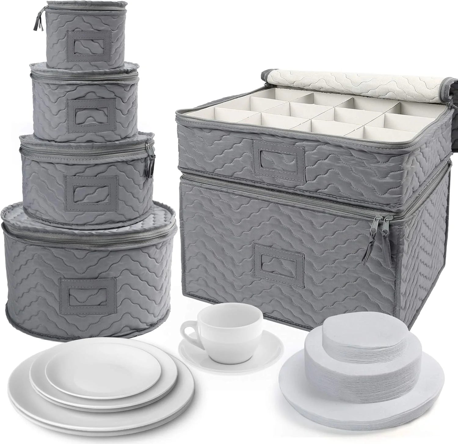 China Storage Containers - Quilted 6-Piece Set Storage Box- Stores Chinaware Stemware Dinnerware Dish Storage Service for 12 48 Pcs Felt Protectors Cardboard Dividers Included – Convenient Multi-Piece Set with Functional, Easy-Use Details