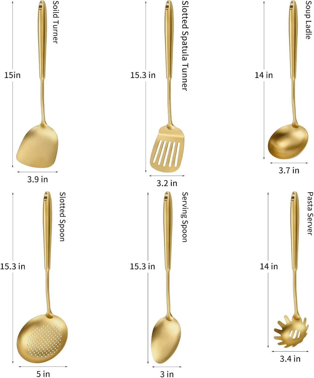 304 Stainless Steel Cooking Utensils,6 Pcs Kitchen Cooking Utensils Set with Spatula Solid Spoon Ladle Skimmer Spaghetti Spoon,Dishwasher Suitable(Gold) – Durable Stainless Steel Construction with Functional, Easy-Use Details
