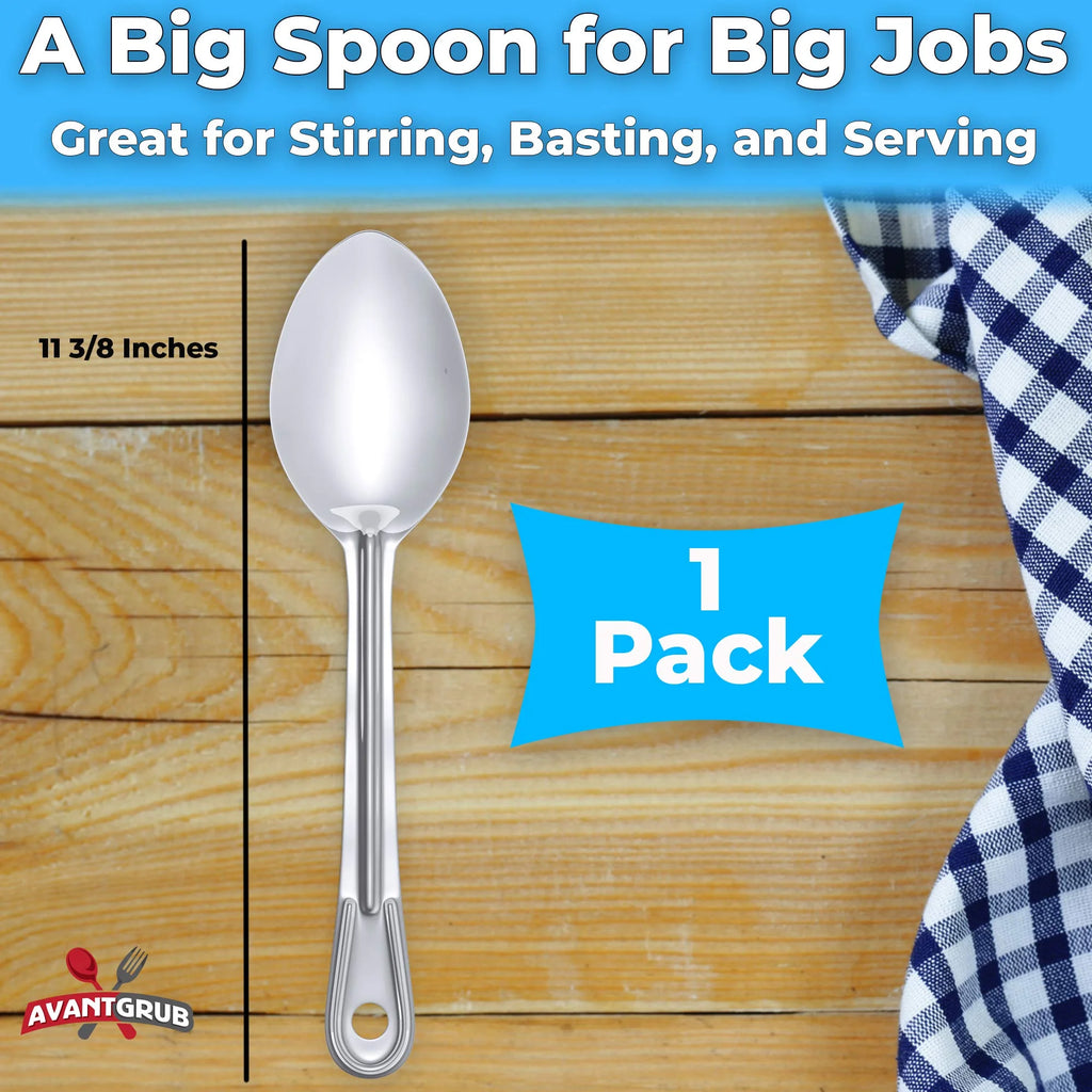 Super Strong 11 Inch Serving Spoon Ergonomic Stainless Steel Cooking Utensil Large Basting Spoon for Professional Restaurant Buffet Banquet Service and Home Chefs Silver – Durable Stainless Steel Construction with Functional, Easy-Use Details