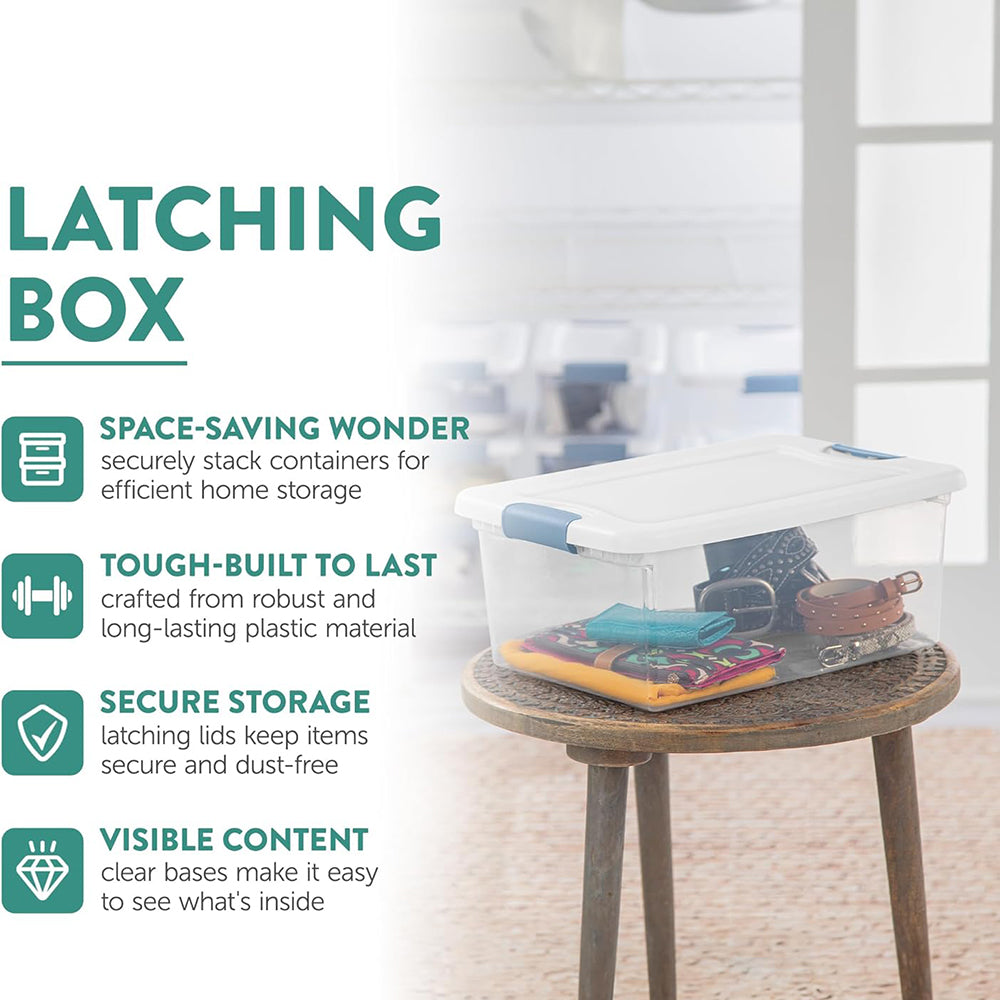 15 Qt Latching Storage Box Stackable Bin with Latch Lid Plastic Container to Organize Closet Shelf Clear with White Lid 12-Pack – Everyday Household Format with Functional, Easy-Use Details