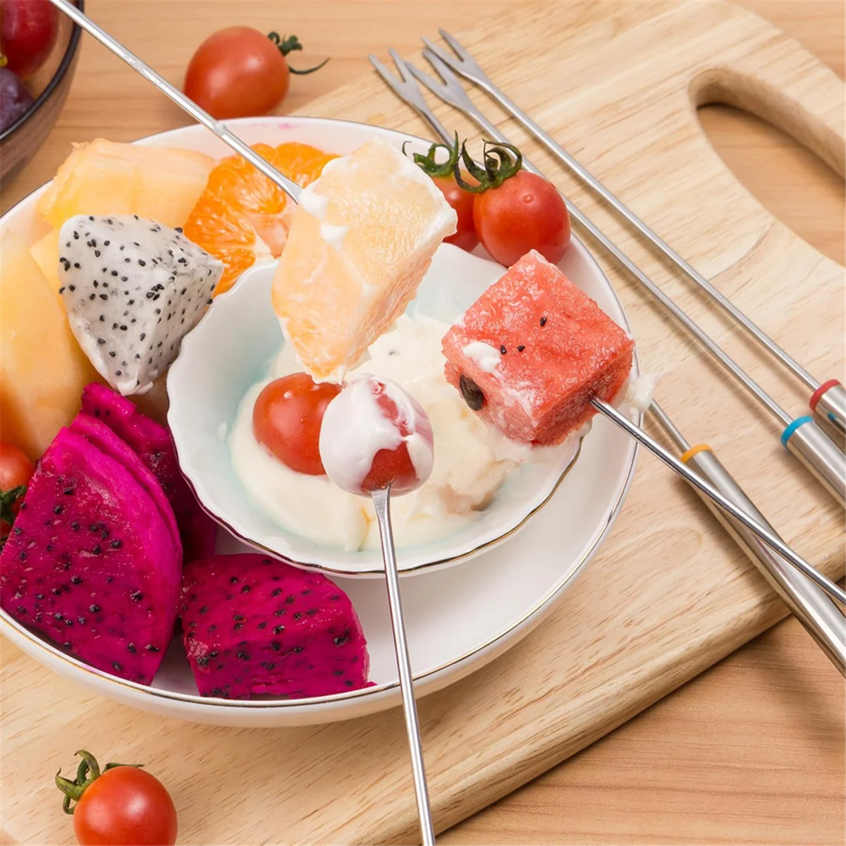 12PCS 9.5 Inch Color-Coded Stainless Steel Fondue Forks Cheese Fork Fruit with Heat-Blocking – Durable Stainless Steel Construction with Functional, Easy-Use Details