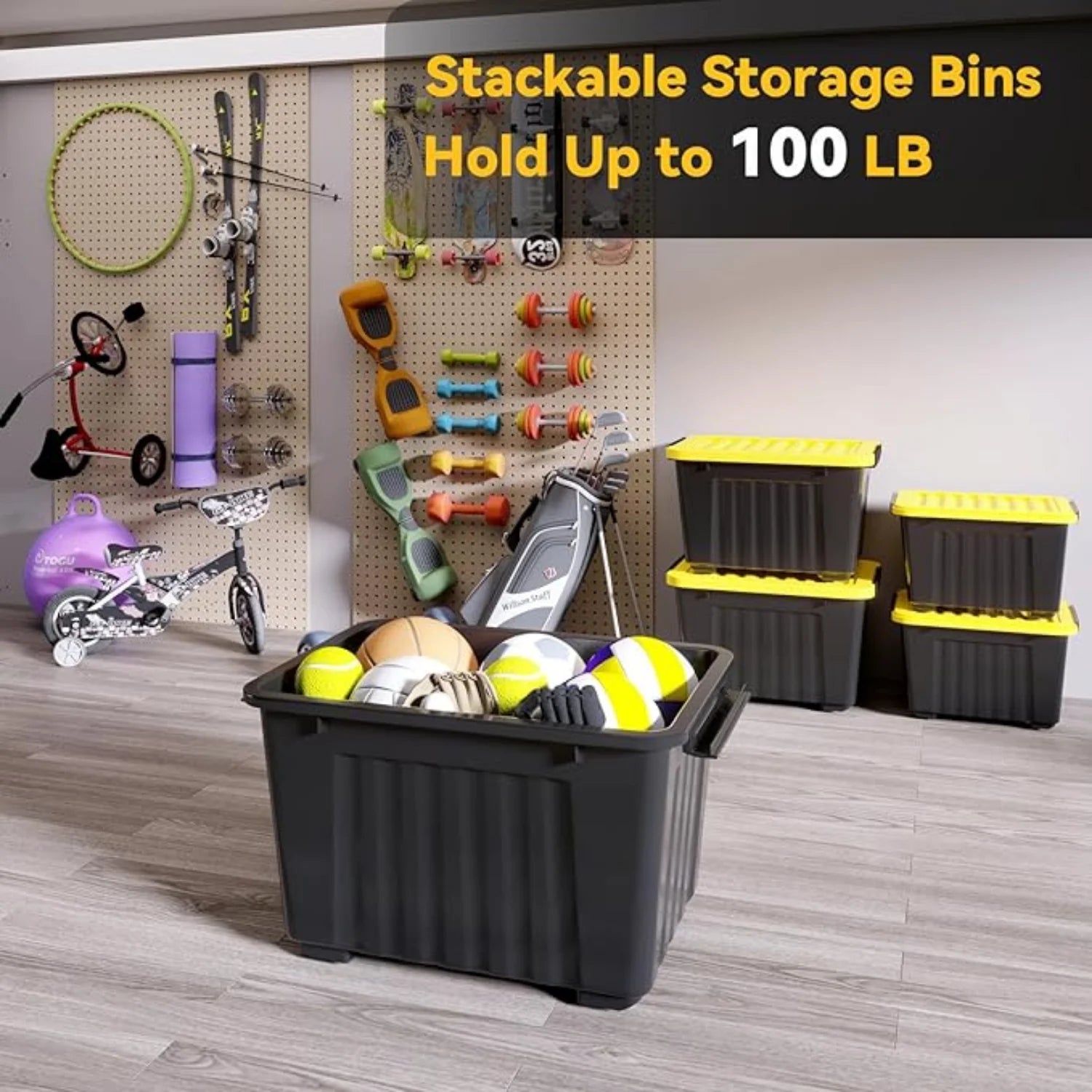 72Quart Plastic Storage Bin Stackable and Nestable Storage Boxes with White Lids and Secure Latching Buckles Large Storage Container (Black/Yellow 72Quart-6Pack) – Stackable Organization with Functional, Easy-Use Details