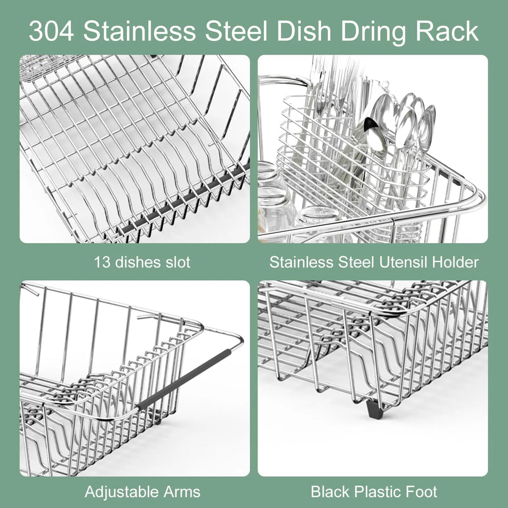 Dish Drying Rack in-Sink 304 Stainless Steel Dish Drainer with Stainless Steel Silverware Holder Over Inside Sink-Adjustable – Durable Stainless Steel Construction with Functional, Easy-Use Details