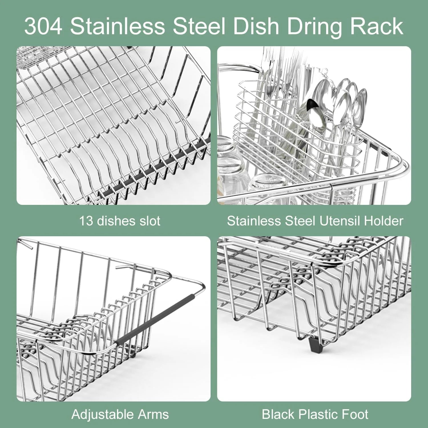 Dish Drying Rack in-Sink 304 Stainless Steel Dish Drainer with Stainless Steel Silverware Holder Over Inside Sink-Adjustable – Durable Stainless Steel Construction with Functional, Easy-Use Details
