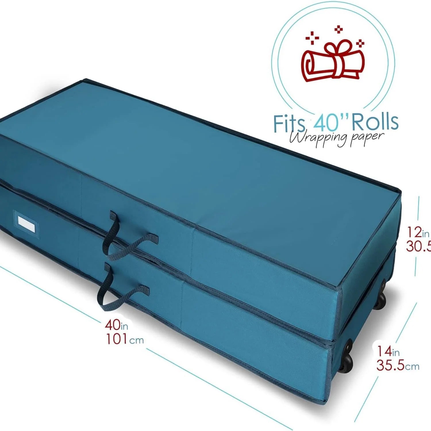 Wrapping Paper Storage Container with Ribbon Dispenser and Interior Pockets - Large Christmas Storage Containers with Wheels Fits 30 Rolls of 40" Length Blue – Everyday Household Format with Functional, Easy-Use Details