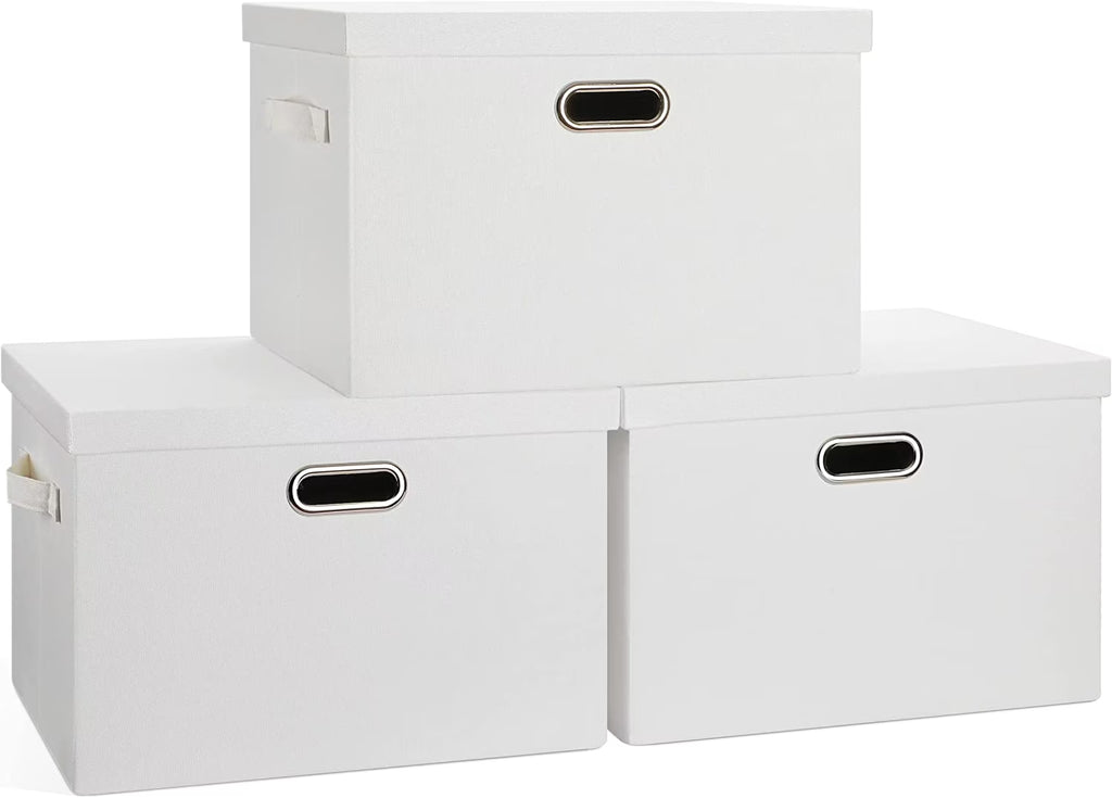 Large 17" 36 Quart Collapsible Stackable Storage Bins with Lids 3 Packs White Linen Fabric Closet Boxes with Lids Storage Cube Baskets Container Organizers for Bedroom Office(17 x12 x11) – Everyday Household Format with Functional, Easy-Use Details