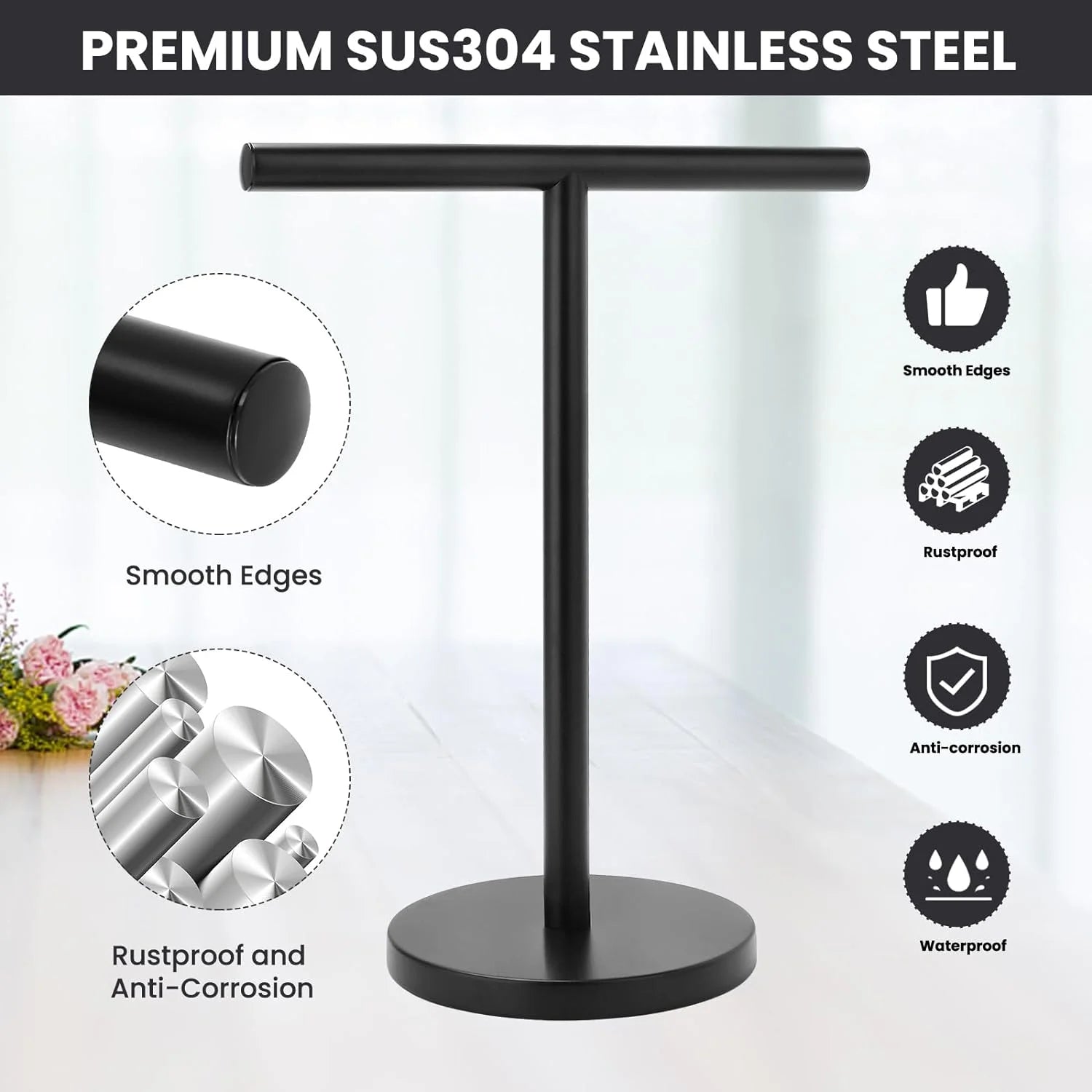 T-Shape Bath Hand Towel Holder Stand Stainless Steel Free Standing Hand Towel Rack with Heavy Base for Bathroom Kitchen & Countertop Matte Black – Durable Stainless Steel Construction with Functional, Easy-Use Details