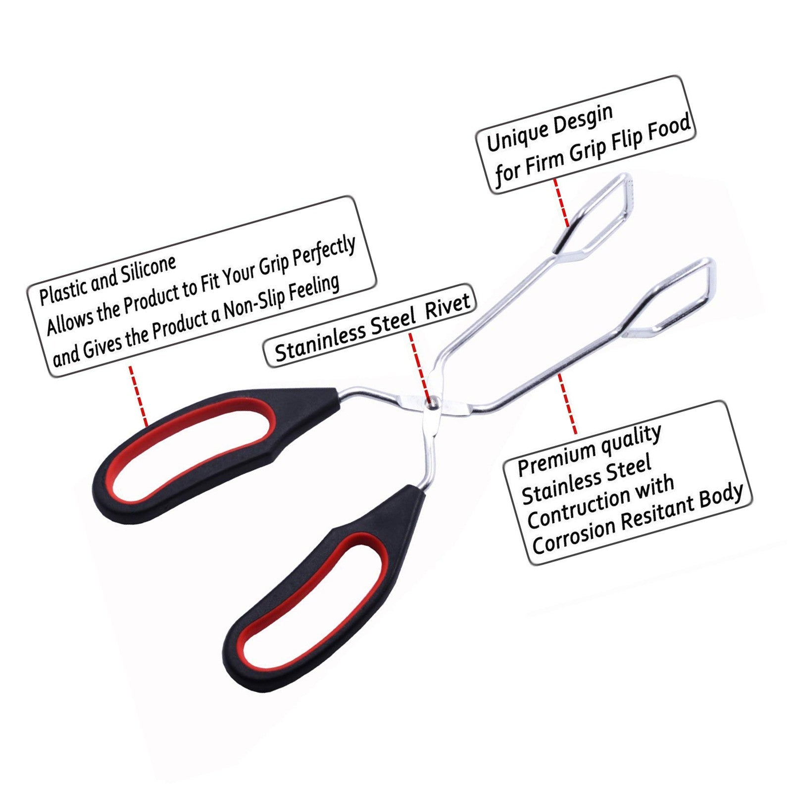 Scissor Tongs with Silicone Tips 23.5x7.5cm Stainless Steel Nonstick Kitchen Cooking Tool – Durable Stainless Steel Construction with Functional, Easy-Use Details