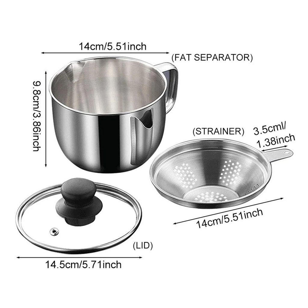 Stainless Steel Fat Separator 1L/4 Cup Gravy Grease with Strainer and Glass Lid Soup Oil Cup – Durable Stainless Steel Construction with Functional, Easy-Use Details