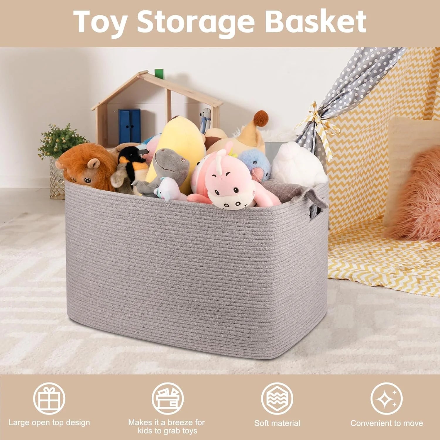 118L XXXLarge Cotton Rope Storage Basket Oversized Blanket Basket Used for Organizing Dirty Clothes in Living Room Bedroom Nursery Dog Toy Storage Bins 25" x 17" x 16",Grey – Practical Home Organization with Functional, Easy-Use Details