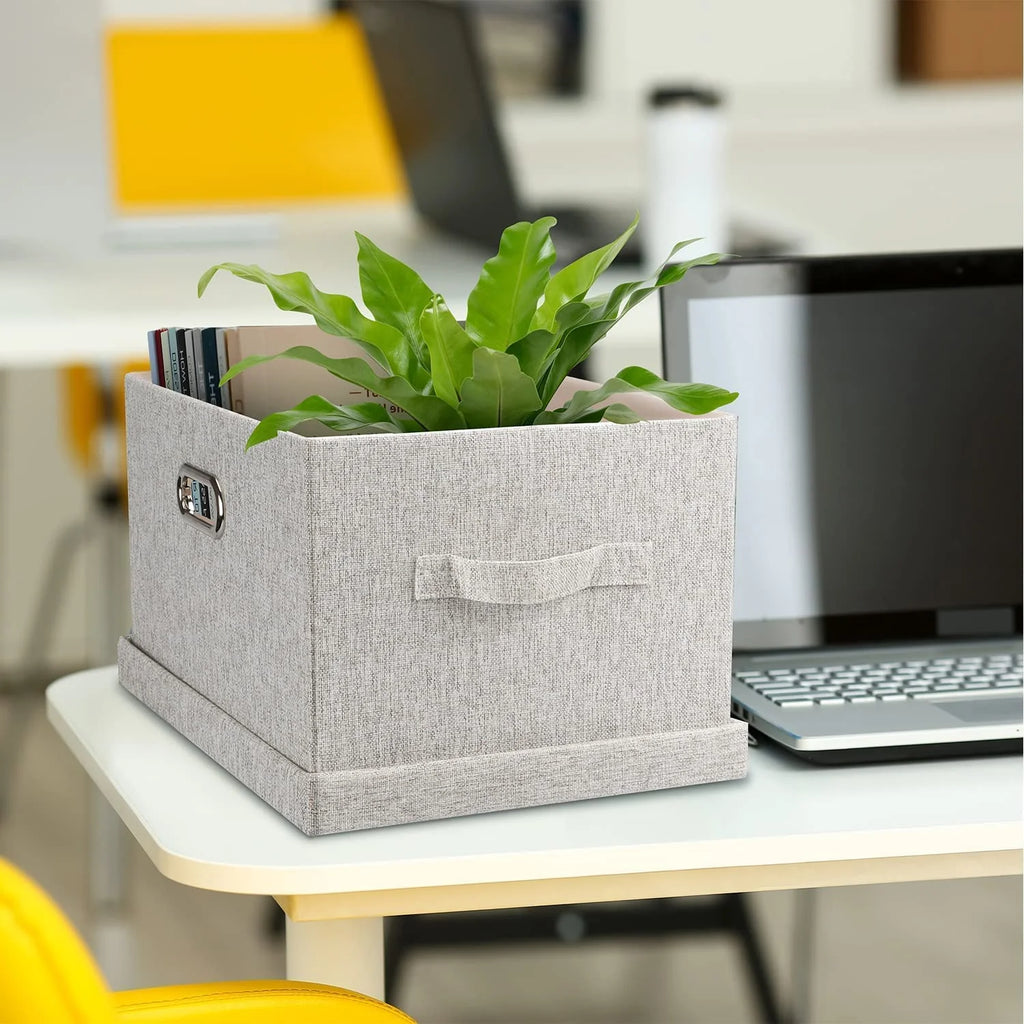 Medium 15" 21 Quart Collapsible Stackable Storage Bins with Lids 5 Packs Beige Foldable Fabric Closet Boxes Heavy-duty Lidded Linen Cube Baskets Container Organizers and Storage – Everyday Household Format with Functional, Easy-Use Details
