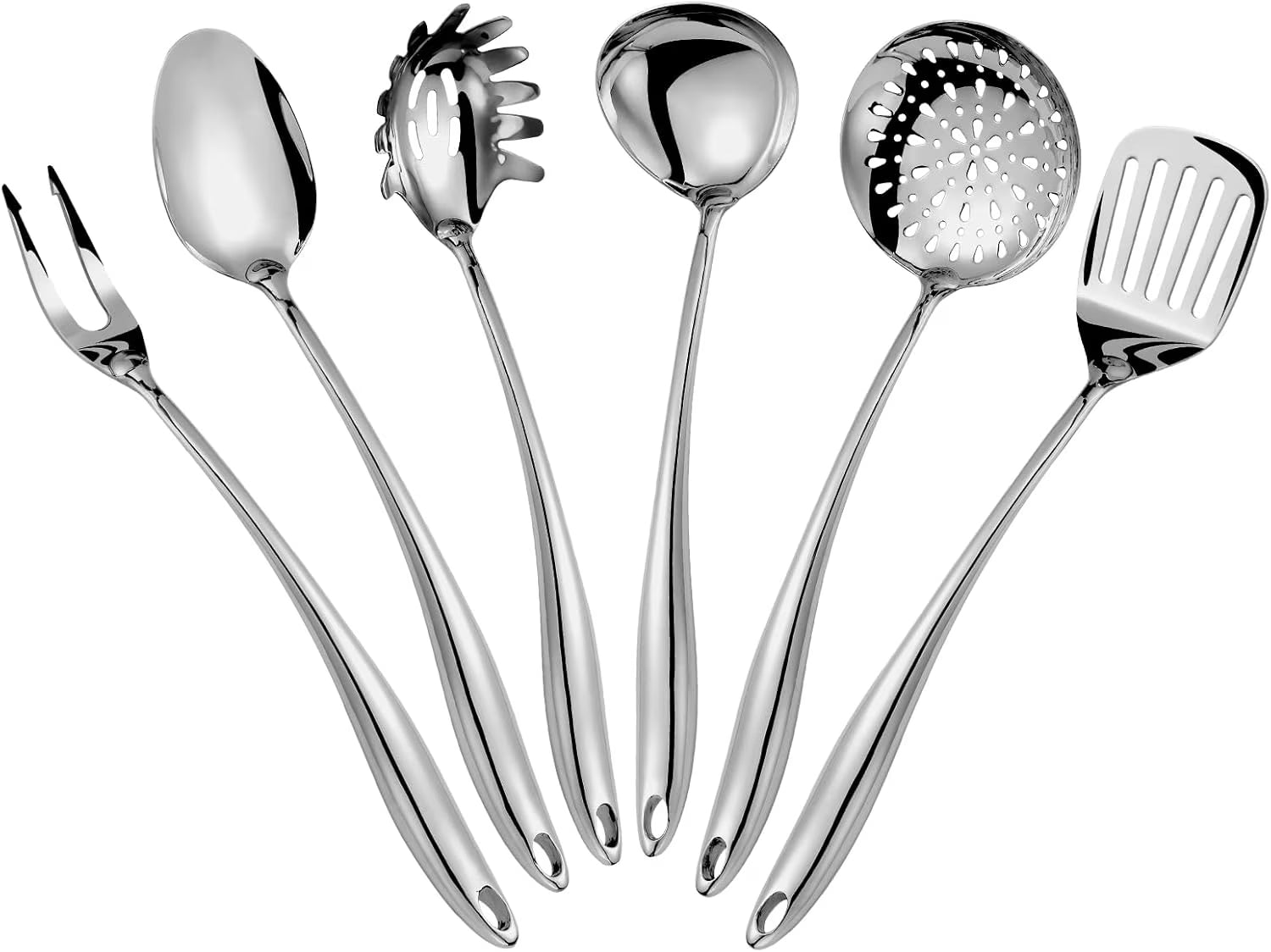 304 Stainless Steel Kitchen Utensils Set 6 Pcs Long Metal Cooking Utensil with Spatula Solid Spoon Ladle Skimmer Spaghetti Spoon Meat Fork Dishwasher Suitable – Durable Stainless Steel Construction with Functional, Easy-Use Details