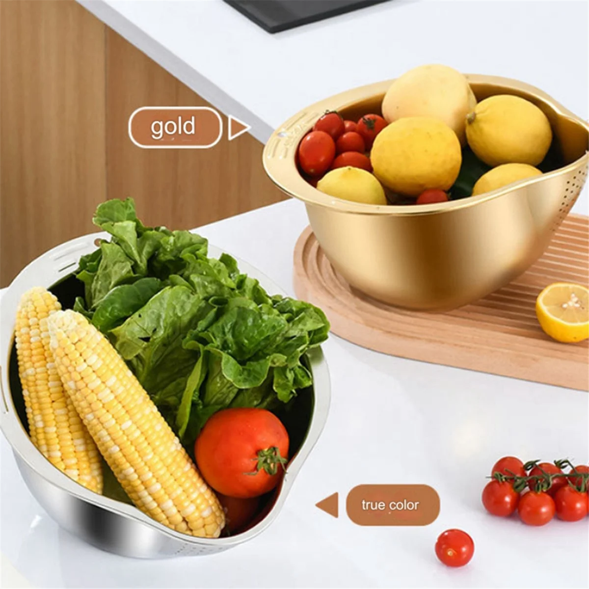 Rice Washer Strainer Bowl Stainless Steel Washing Colander Fruit and Vegetable Kitchen Tool A – Durable Stainless Steel Construction with Functional, Easy-Use Details